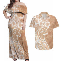 Polynesian Women's Day Couples Matching Off Shoulder Maxi Dress and Hawaiian Shirt Brown Hibiscus Flowers With Polynesian Pattern LT05 Brown - Polynesian Pride