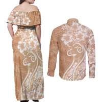 Polynesian Women's Day Couples Matching Off Shoulder Maxi Dress and Long Sleeve Button Shirt Brown Hibiscus Flowers With Polynesian Pattern