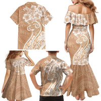 Polynesian Women's Day Family Matching Mermaid Dress and Hawaiian Shirt Brown Hibiscus Flowers With Polynesian Pattern