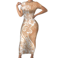 Polynesian Women's Day Family Matching Short Sleeve Bodycon Dress and Hawaiian Shirt Brown Hibiscus Flowers With Polynesian Pattern