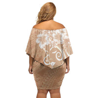 Polynesian Women's Day Off Shoulder Short Dress Brown Hibiscus Flowers With Polynesian Pattern LT05 - Polynesian Pride