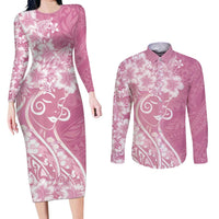 Polynesian Women's Day Couples Matching Long Sleeve Bodycon Dress and Long Sleeve Button Shirt Pink Hibiscus Flowers With Polynesian Pattern LT05 Pink - Polynesian Pride