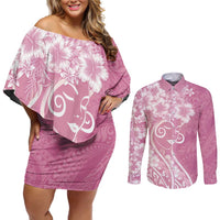 Polynesian Women's Day Couples Matching Off Shoulder Short Dress and Long Sleeve Button Shirt Pink Hibiscus Flowers With Polynesian Pattern