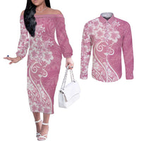 Polynesian Women's Day Couples Matching Off The Shoulder Long Sleeve Dress and Long Sleeve Button Shirt Pink Hibiscus Flowers With Polynesian Pattern LT05 Pink - Polynesian Pride