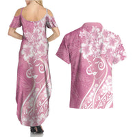 Polynesian Women's Day Couples Matching Summer Maxi Dress and Hawaiian Shirt Pink Hibiscus Flowers With Polynesian Pattern LT05 - Polynesian Pride
