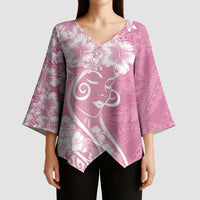 Polynesian Women's Day Kimono Sleeve Blouse Pink Hibiscus Flowers With Polynesian Pattern