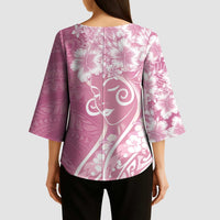 Polynesian Women's Day Kimono Sleeve Blouse Pink Hibiscus Flowers With Polynesian Pattern