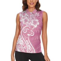 Polynesian Women's Day Women Sleeveless Polo Shirt Pink Hibiscus Flowers With Polynesian Pattern