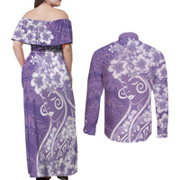 Polynesian Women's Day Couples Matching Off Shoulder Maxi Dress and Long Sleeve Button Shirt Purple Hibiscus Flowers With Polynesian Pattern