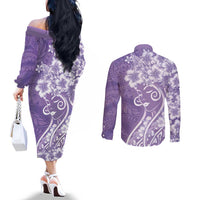 Polynesian Women's Day Couples Matching Off The Shoulder Long Sleeve Dress and Long Sleeve Button Shirt Purple Hibiscus Flowers With Polynesian Pattern LT05 - Polynesian Pride