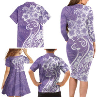 Polynesian Women's Day Family Matching Long Sleeve Bodycon Dress and Hawaiian Shirt Purple Hibiscus Flowers With Polynesian Pattern