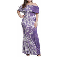 Polynesian Women's Day Family Matching Off Shoulder Maxi Dress and Hawaiian Shirt Purple Hibiscus Flowers With Polynesian Pattern LT05 Mom's Dress Purple - Polynesian Pride