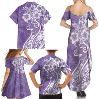 Polynesian Women's Day Family Matching Summer Maxi Dress and Hawaiian Shirt Purple Hibiscus Flowers With Polynesian Pattern