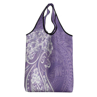 Polynesian Women's Day Grocery Bag Purple Hibiscus Flowers With Polynesian Pattern
