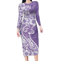Polynesian Women's Day Long Sleeve Bodycon Dress Purple Hibiscus Flowers With Polynesian Pattern