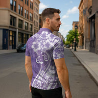 Polynesian Women's Day Zipper Polo Shirt Purple Hibiscus Flowers With Polynesian Pattern