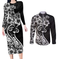 Polynesian Women's Day Couples Matching Long Sleeve Bodycon Dress and Long Sleeve Button Shirt Black Hibiscus Flowers With Polynesian Pattern LT05 Black - Polynesian Pride