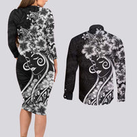 Polynesian Women's Day Couples Matching Long Sleeve Bodycon Dress and Long Sleeve Button Shirt Black Hibiscus Flowers With Polynesian Pattern LT05 - Polynesian Pride