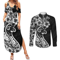 Polynesian Women's Day Couples Matching Summer Maxi Dress and Long Sleeve Button Shirt Black Hibiscus Flowers With Polynesian Pattern