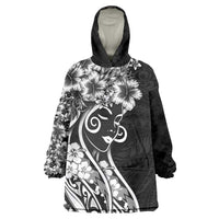 Polynesian Women's Day Wearable Blanket Hoodie Black Hibiscus Flowers With Polynesian Pattern