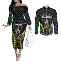 Personalised South Sea Islanders And New Caledonia Couples Matching Off The Shoulder Long Sleeve Dress and Long Sleeve Button Shirt Kanakas Polynesian Pattern LT05 Black - Polynesian Pride