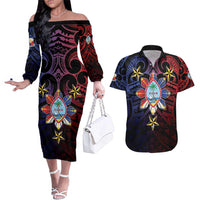 Philippines Guam Couples Matching Off The Shoulder Long Sleeve Dress and Hawaiian Shirt Filipino Sun With Guaman Seal