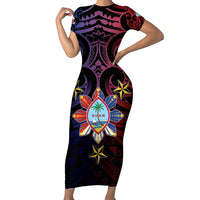 Philippines Guam Short Sleeve Bodycon Dress Filipino Sun With Guaman Seal LT05 Long Dress Blue - Polynesian Pride