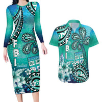 Fiji Born Indian Couples Matching Long Sleeve Bodycon Dress and Hawaiian Shirt Palm Paisley With Tapa Pattern