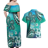 Fiji Born Indian Couples Matching Off Shoulder Maxi Dress and Hawaiian Shirt Palm Paisley With Tapa Pattern