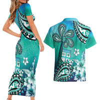 Fiji Born Indian Couples Matching Short Sleeve Bodycon Dress and Hawaiian Shirt Palm Paisley With Tapa Pattern
