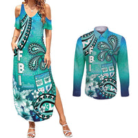 Fiji Born Indian Couples Matching Summer Maxi Dress and Long Sleeve Button Shirt Palm Paisley With Tapa Pattern