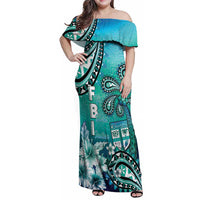 Fiji Born Indian Family Matching Off Shoulder Maxi Dress and Hawaiian Shirt Palm Paisley With Tapa Pattern