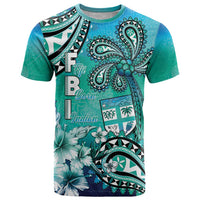 Fiji Born Indian T Shirt Palm Paisley With Tapa Pattern LT05 Aqua - Polynesian Pride