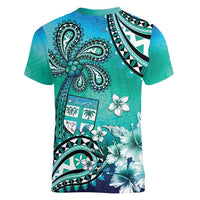 Fiji Born Indian Women V-Neck T-Shirt Palm Paisley With Tapa Pattern