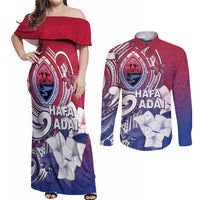 Guam Gadao Couples Matching Off Shoulder Maxi Dress and Long Sleeve Button Shirt Hafa Adai Micronesian Tribal Pattern