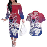 Guam Gadao Couples Matching Off The Shoulder Long Sleeve Dress and Hawaiian Shirt Hafa Adai Micronesian Tribal Pattern