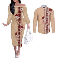 Tonga Language Week Couples Matching Off The Shoulder Long Sleeve Dress and Long Sleeve Button Shirt Hibiscus Tongan Ngatu Pattern