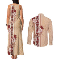 Tonga Language Week Couples Matching Tank Maxi Dress and Long Sleeve Button Shirt Hibiscus Tongan Ngatu Pattern