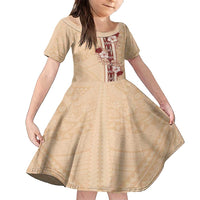 Tonga Language Week Family Matching Off Shoulder Maxi Dress and Hawaiian Shirt Hibiscus Tongan Ngatu Pattern LT05 Daughter's Dress Beige - Polynesian Pride