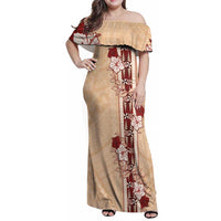Tonga Language Week Family Matching Off Shoulder Maxi Dress and Hawaiian Shirt Hibiscus Tongan Ngatu Pattern LT05 Mom's Dress Beige - Polynesian Pride