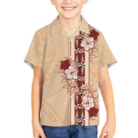 Tonga Language Week Family Matching Off Shoulder Maxi Dress and Hawaiian Shirt Hibiscus Tongan Ngatu Pattern LT05 Son's Shirt Beige - Polynesian Pride