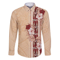 Tonga Language Week Family Matching Off Shoulder Short Dress and Hawaiian Shirt Hibiscus Tongan Ngatu Pattern LT05 Dad's Shirt - Long Sleeve Beige - Polynesian Pride