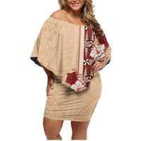 Tonga Language Week Family Matching Off Shoulder Short Dress and Hawaiian Shirt Hibiscus Tongan Ngatu Pattern LT05 Mom's Dress Beige - Polynesian Pride