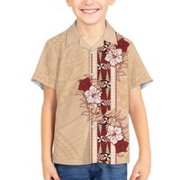 Tonga Language Week Family Matching Off Shoulder Short Dress and Hawaiian Shirt Hibiscus Tongan Ngatu Pattern LT05 Son's Shirt Beige - Polynesian Pride