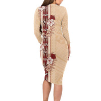 Tonga Language Week Long Sleeve Bodycon Dress Hibiscus Tongan Ngatu Pattern
