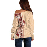 Tonga Language Week Off Shoulder Sweater Hibiscus Tongan Ngatu Pattern LT05 - Polynesian Pride