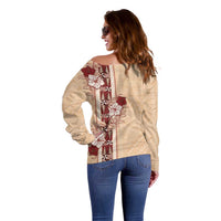 Tonga Language Week Off Shoulder Sweater Hibiscus Tongan Ngatu Pattern LT05 - Polynesian Pride