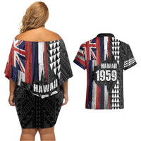 Hawaii 1959 Statehood Day Couples Matching Off Shoulder Short Dress and Hawaiian Shirt Classic Style