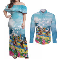 Hawaii Outrigger Canoe Race Couples Matching Off Shoulder Maxi Dress and Long Sleeve Button Shirt Polynesian Style Watercolor Style