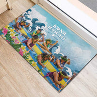 Hawaii Outrigger Canoe Race Rubber Doormat Polynesian Style Watercolor Style